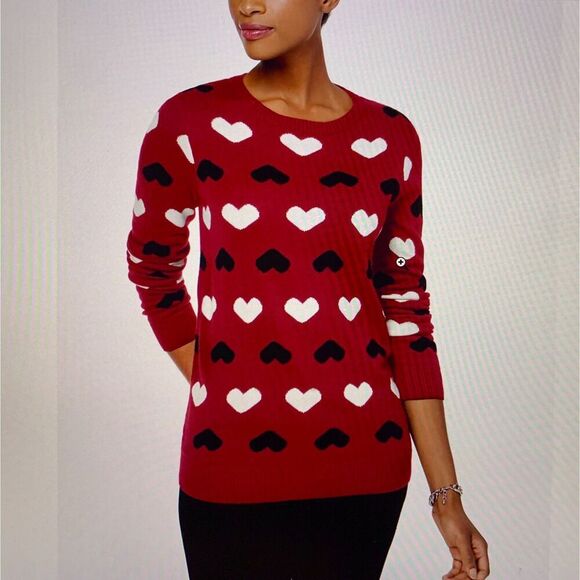 Charter Club Sweater Womens XL Red Heart Pattern Festive Crew Classic Playful - Picture 1 of 10